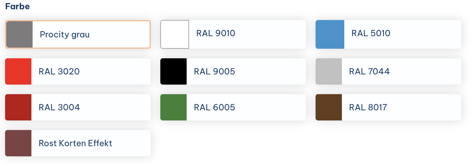 RAL 3020, RAL 3004, RAL 5010, RAL 6005, RAL 8017, RAL 7044, RAL 9010, RAL 9005, Procity-Grau, Corten-Effekt (Rost-Optik)