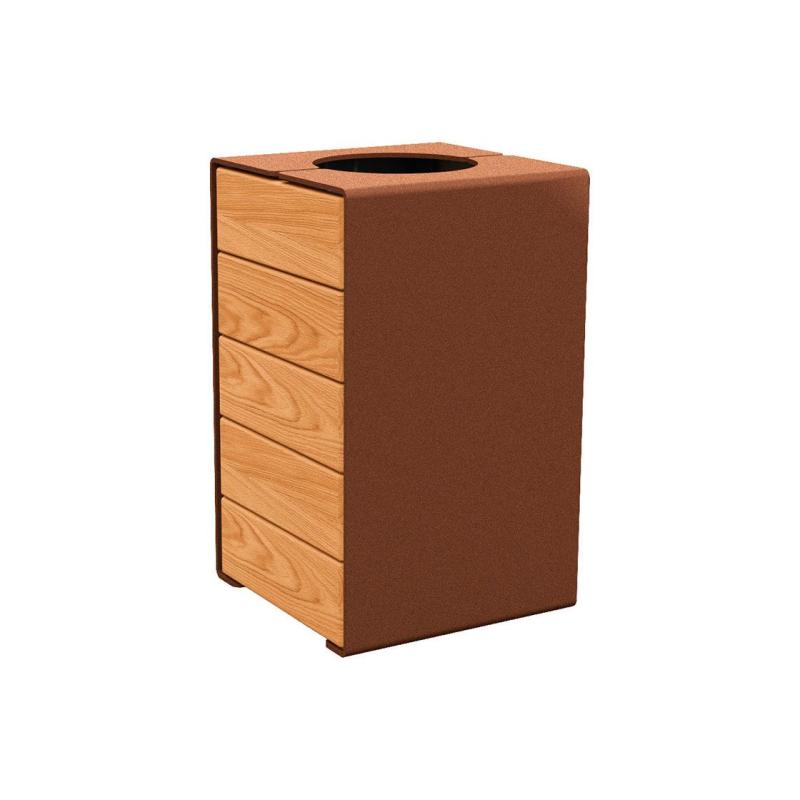 Abfallkorb KUBE Stahl Holz in Rost Corten-Optik