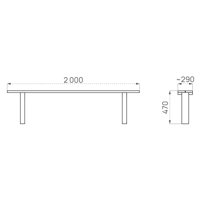 Maßskizze der Holz-Hockerbank Turin: Gesamtlänge 2000 mm, Sitzhöhe 470 mm und Sitztiefe ca. 290 mm zum Einbetonieren.