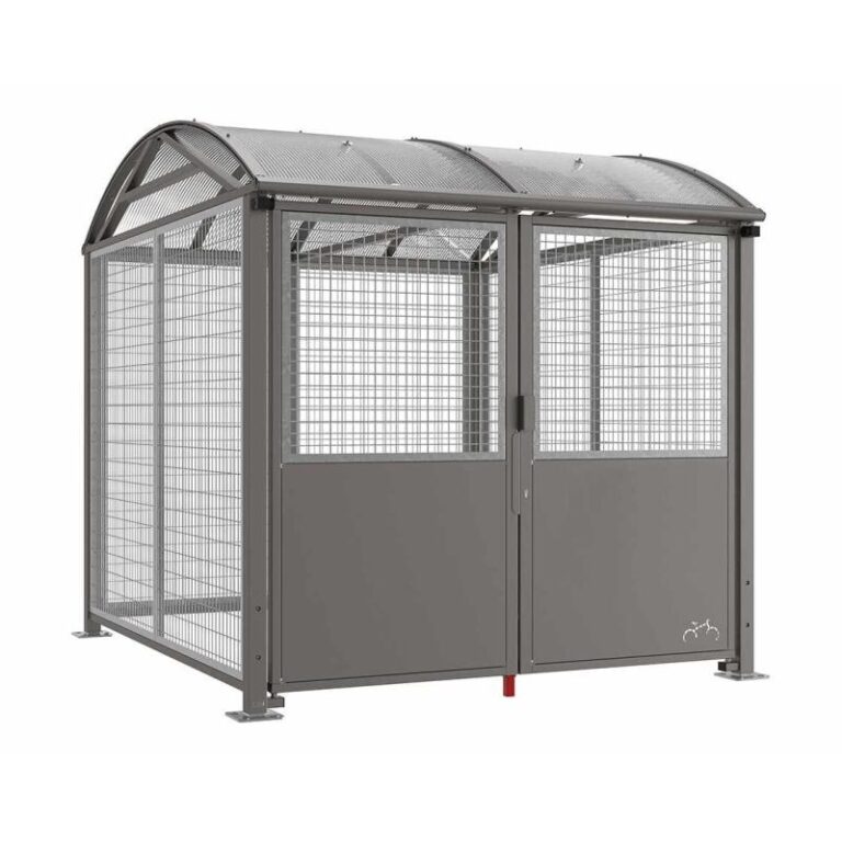 Abschließbare Überdachung Vierkantrohr „L” aus feuerverzinktem Stahl mit Drahtgitterverkleidung, Doppeltür und Polycarbonat-Bogendach.