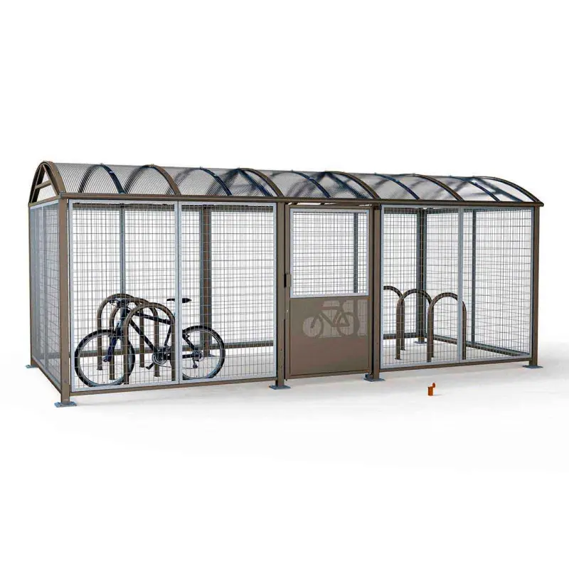 Abschließbarer Fahrradkäfig Vierkantrohr XL mit integrierten Anlehnbügeln und sicher abgestelltem Fahrrad im Innenbereich.