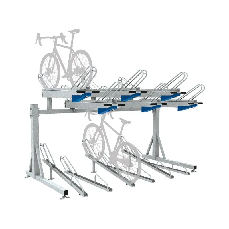 Funktionsdarstellung des zweistöckigen Fahrradständers Horizont mit eingehängten Fahrrädern auf der oberen und unteren Parkebene.