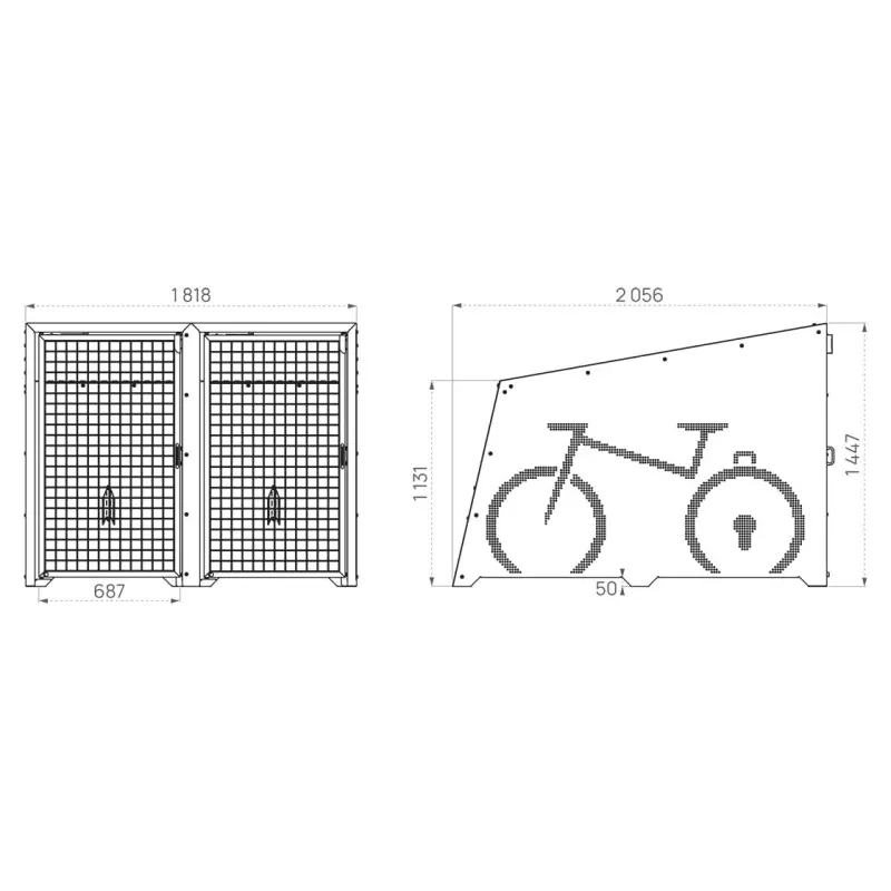 Technische Maßzeichnung der Fahrradbox Berlin mit Breiten-, Tiefen- und Höhenangaben für zwei getrennte Stellplätze.