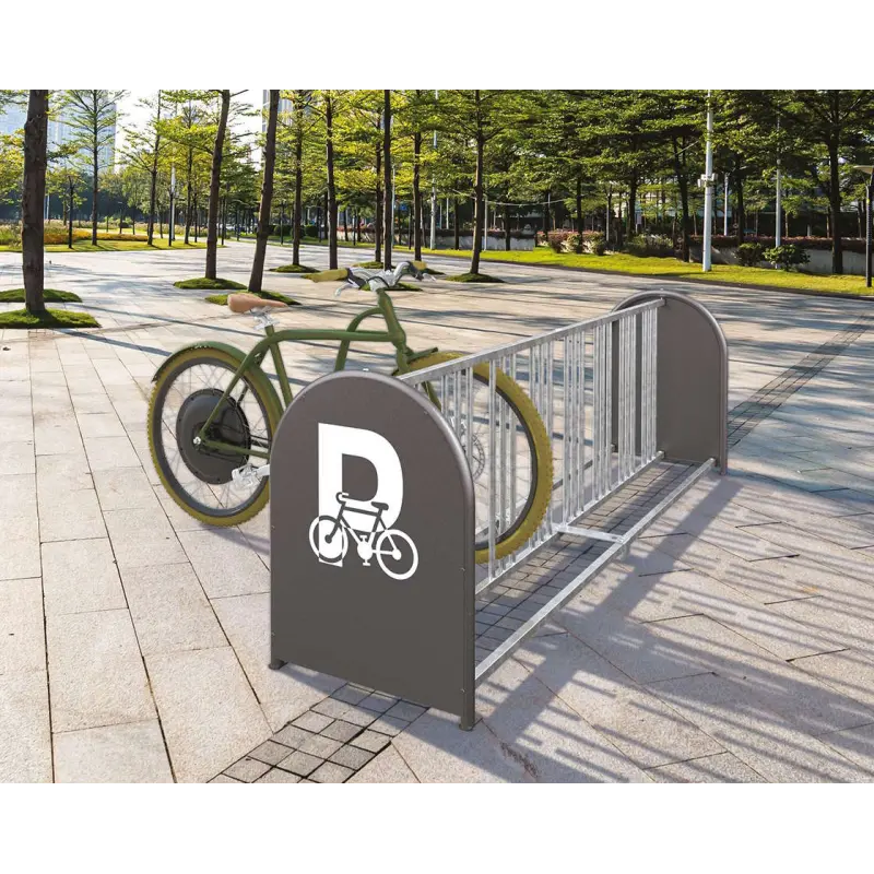 Feuerverzinkter Fahrradständer für 16 Fahrräder mit beidseitiger Hoch- und Tiefeinstellung zur Bodenmontage.