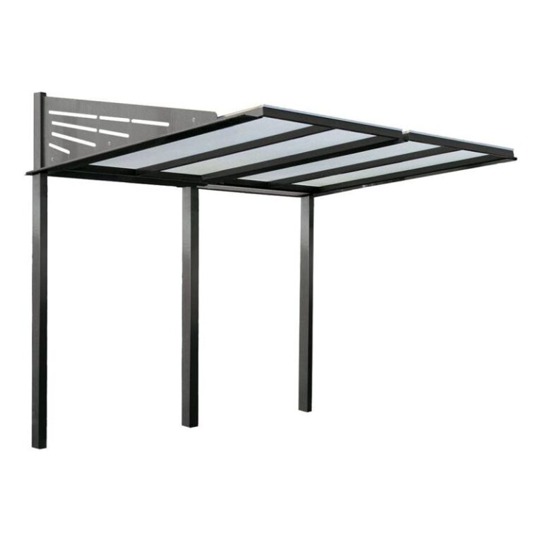 Modulare Fahrradüberdachung Convi® aus feuerverzinktem Stahlrohr mit gewölbtem Polycarbonatdach auf Montageplatten.