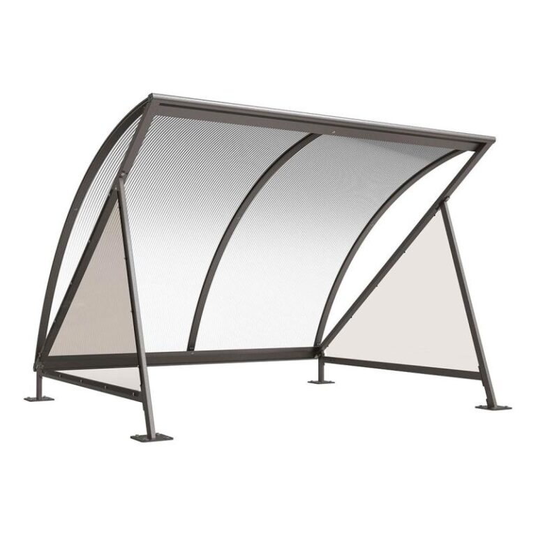 Modulare Fahrradüberdachung Halbmond mit geschwungenem Polycarbonat-Rundbogendach und feuerverzinktem 80x80-mm-Stahlgestell auf Bodenplatten.