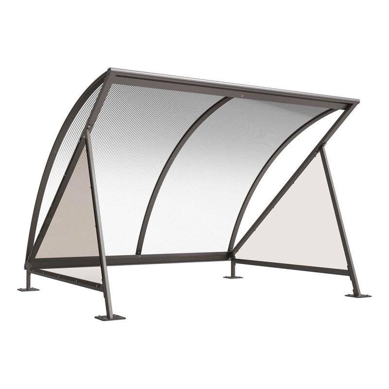 Modulare Fahrradüberdachung Halbmond mit geschwungenem Polycarbonat-Rundbogendach und feuerverzinktem 80x80-mm-Stahlgestell auf Bodenplatten.