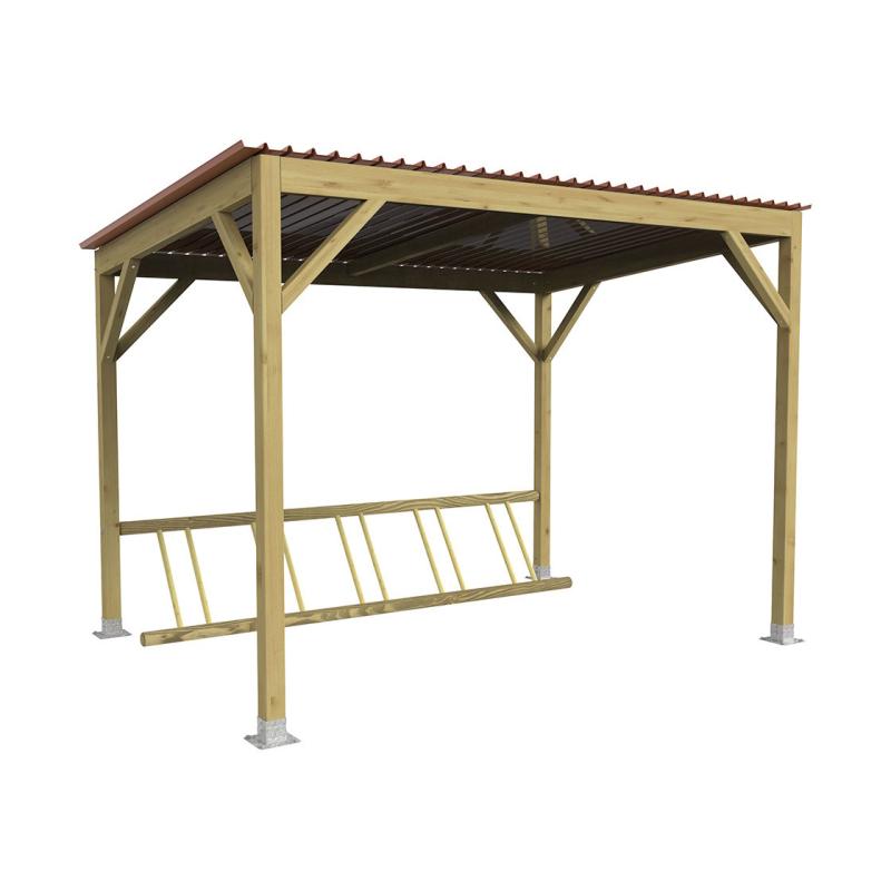 Modulare Fahrradüberdachung Turin aus feuerverzinktem 80x80-mm-Stahlvierkantrohr mit Polycarbonatdach zum Aufdübeln.