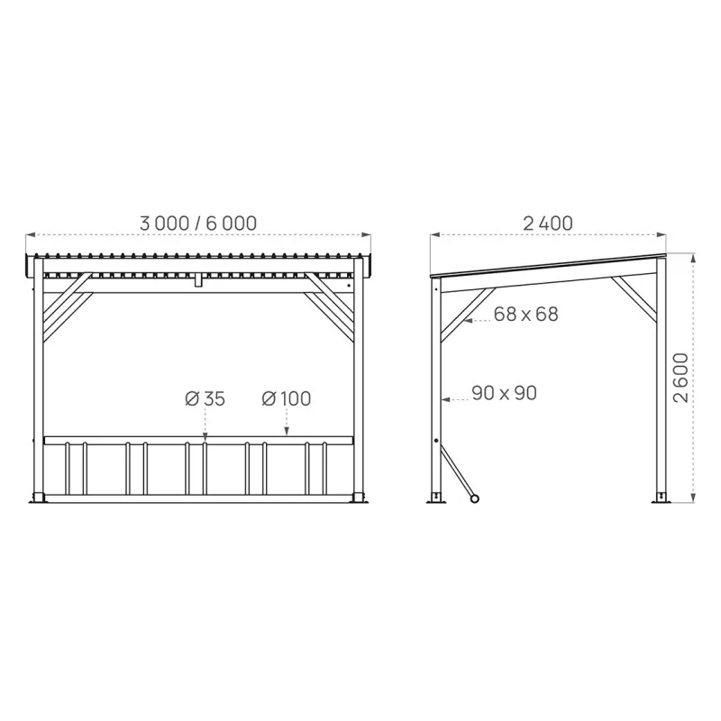 Technische Maßzeichnung der Fahrradüberdachung Turin mit Pfostenquerschnitten (90x90 mm), Längen (3000/6000 mm) und Höhenangaben.