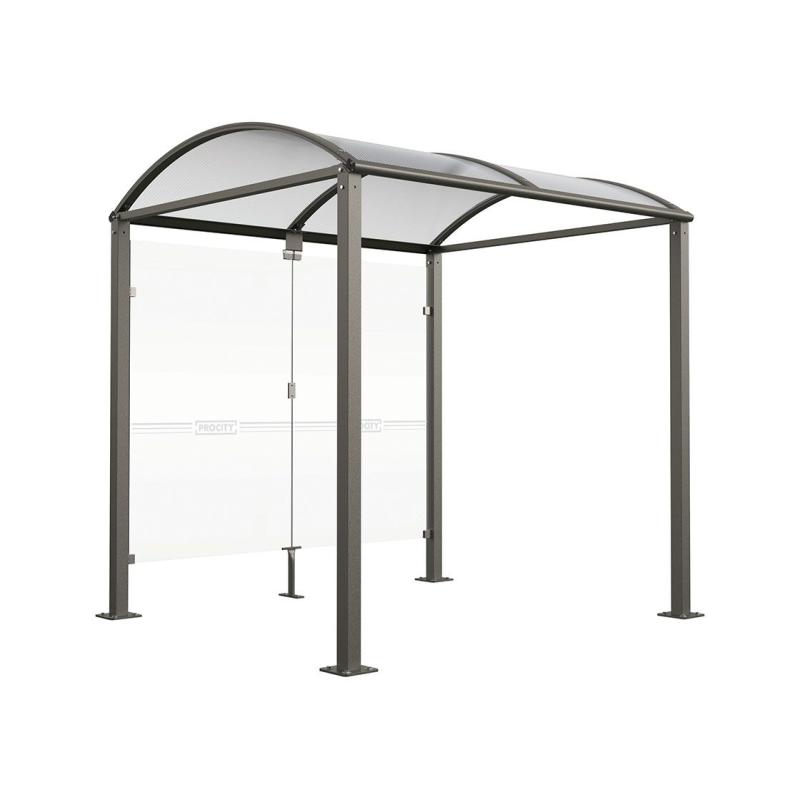 Modulare Fahrradüberdachung Vierkantrohr „M” mit 8 mm ESG-Glasverkleidungen und gewölbtem Polycarbonatdach auf Bodenplatten