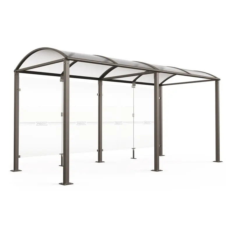 Modulare Fahrradüberdachung Vierkantrohr „M” mit 8 mm ESG-Glasverkleidungen und gewölbtem Polycarbonatdach auf Bodenplatten