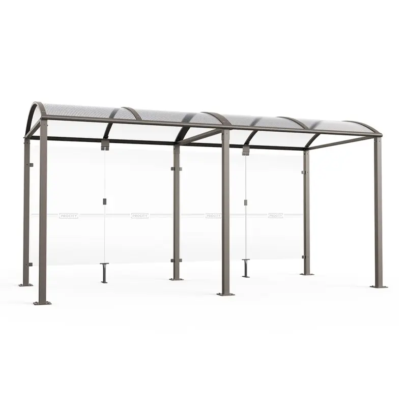 Modulare Fahrradüberdachung Vierkantrohr „M” mit 8 mm ESG-Glasverkleidungen und gewölbtem Polycarbonatdach auf Bodenplatten