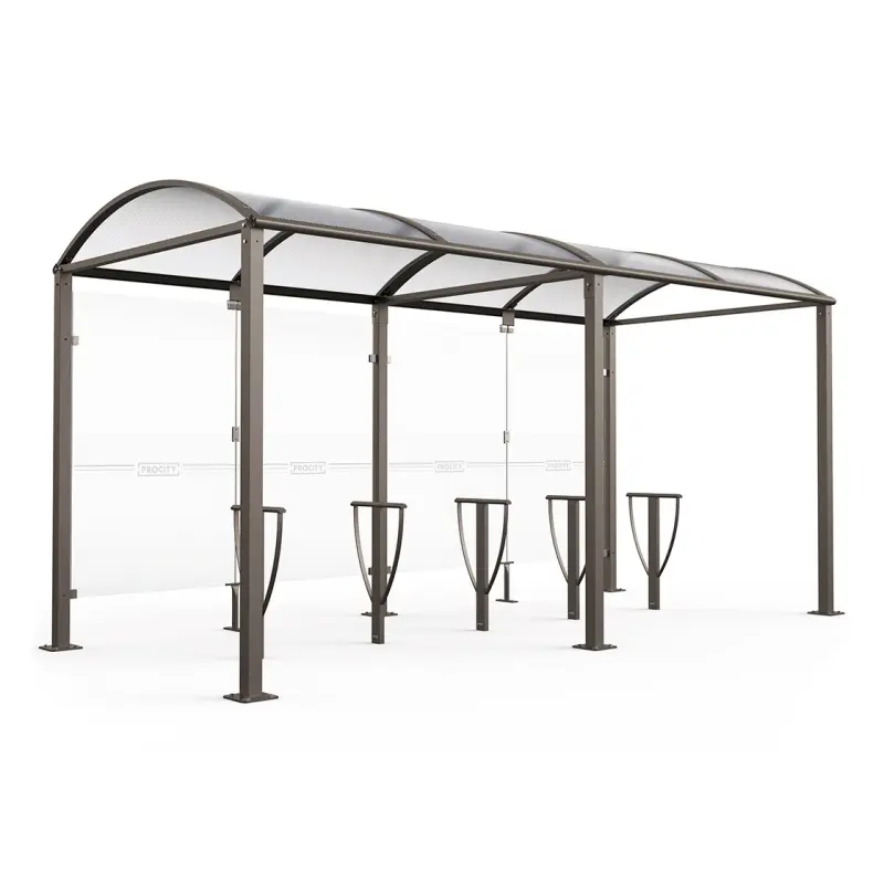 Modulare Fahrradüberdachung Vierkantrohr „M” mit 8 mm ESG-Glasverkleidungen und gewölbtem Polycarbonatdach auf Bodenplatten