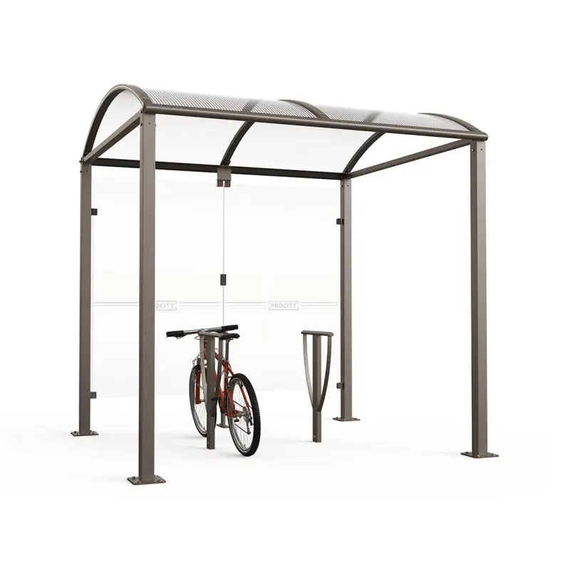 Modulare Fahrradüberdachung Vierkantrohr „M” mit 8 mm ESG-Glasverkleidungen und gewölbtem Polycarbonatdach auf Bodenplatten