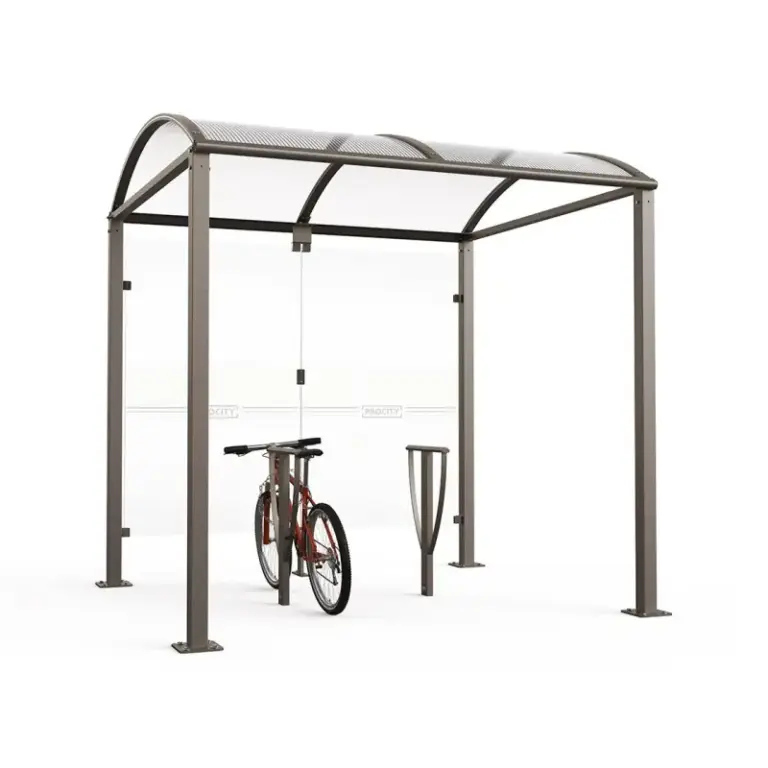 Modulare Fahrradüberdachung Vierkantrohr „M” mit 8 mm ESG-Glasverkleidungen und gewölbtem Polycarbonatdach auf Bodenplatten