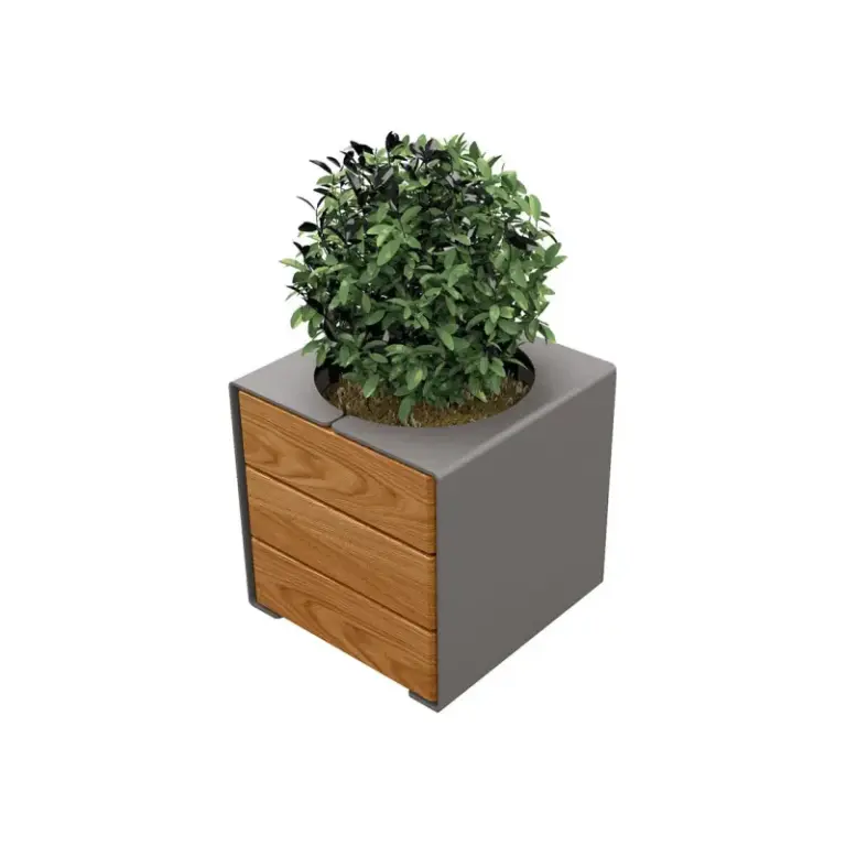 Pflanzbehälter Kube. aus Stahl und Holz – Produktansicht 1