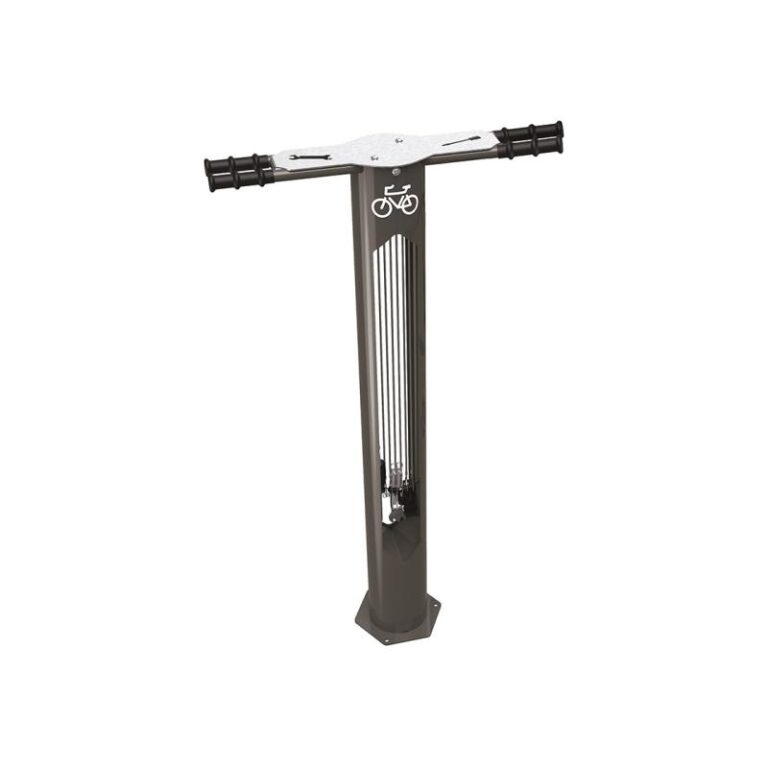 Fahrrad-Servicestation und Fahrradpumpe Amsterdam aus pulverbeschichtetem Stahl mit integriertem Werkzeugset an Edelstahlseilen und Reifenpumpe.