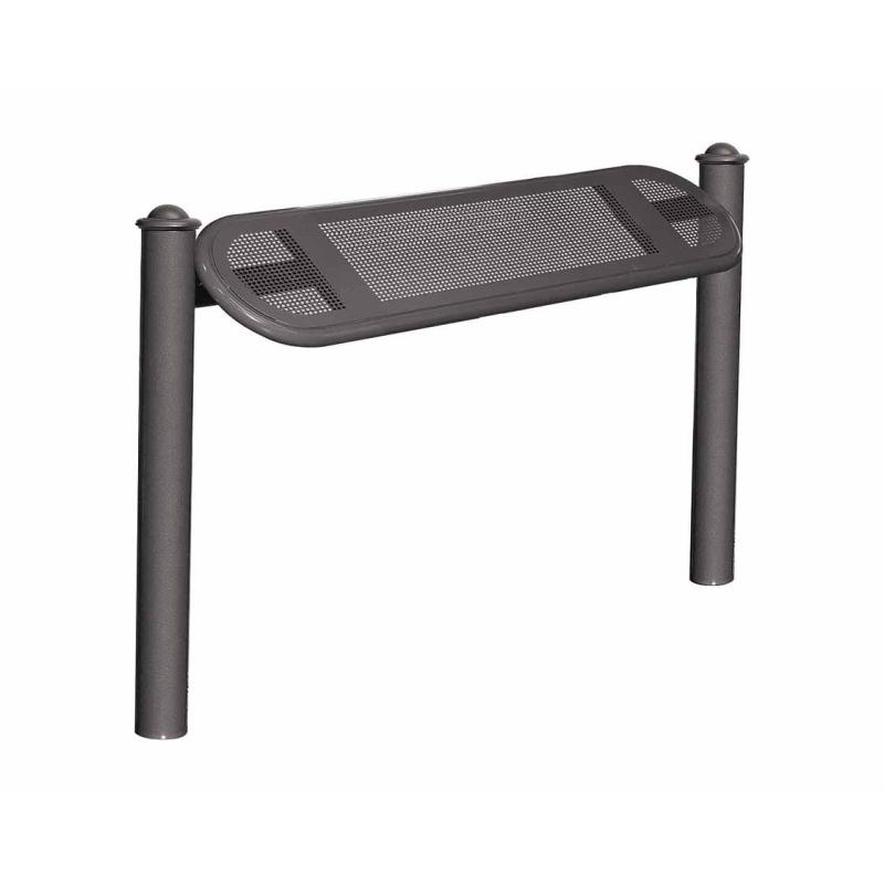 Moderne Standlehne Estoril Agora aus verzinktem Stahl mit Zierkopf aus Aluminiumguss und gelochter Stahlblech-Anlehnfläche.